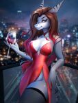  alcohol anthro beverage blue_eyes city city_background clothing dress female fish glass glistening glistening_body hair hi_res legwear long_hair marine red_clothing red_dress red_hair sadbitch shark slit_dress solo stockings stripes wine 