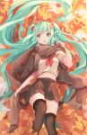  1girl absurdres aki_miku autumn_leaves blue_eyes blue_hair brown_coat brown_scarf brown_skirt brown_thighhighs coat coat_on_shoulders hair_bobbles hair_ornament hatsune_miku highres leaf leaf_on_head long_sleeves moshi_ruo neckerchief open_mouth pleated_skirt red_neckerchief scarf school_uniform shirt short_sleeves skirt solo thighhighs triangle_mouth vocaloid white_shirt 