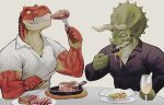  absurd_res anthro biped clothing cutlery dinner dinosaur duo eating food fork green_body hi_res k0bit0wani kitchen_utensils male meat orange_body pasta plate reptile scalie tools 