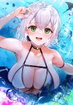 1girl air_bubble aya02ka bikini blush breasts bubble cleavage fish green_eyes highres hololive large_breasts looking_at_viewer mole mole_on_breast open_mouth shirogane_noel short_hair smile swimsuit underwater upper_body virtual_youtuber water white_hair 