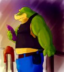  2021 alligator alligatorid anthro bottomwear brok_(character) brok_the_investigator clothing crocodilian green_body hat headgear headwear hi_res humanoid_hands inteur male pants reptile sad scalie shirt slightly_chubby solo topwear video_games 