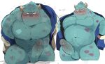  2022 anthro balls blue_body blue_eyes blue_fur blush clothing cute_fangs disney flustered fur genitals head_tuft hi_res horn humanoid_genitalia humanoid_penis hyaku_(artist) jacket japanese_text looking_at_viewer male monster monsters_inc monsters_university mostly_nude muscular muscular_male navel pecs penis pixar purple_body purple_fur signature simple_background solo spots spotted_body spotted_fur standing sulley text topwear tuft undressing white_background 