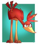  2021 avian banjo-kazooie beak bent_over bird breegull feathers female feral green_eyes head_tuft hi_res judging kazooie looking_at_viewer potoobrigham rareware red_body red_feathers simple_background solo stare tuft video_games yellow_beak 