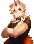  2022 abs absurd_res anthro arknights black_clothing black_shirt black_topwear canid canine canis claws clayjun clothing collar crossed_arms domestic_dog fur hi_res horn hung_(arknights) hypergryph looking_at_viewer male mammal orange_body orange_fur shirt simple_background solo studio_montagne tight_clothing tight_shirt tight_topwear topwear video_games white_background white_body white_fur 