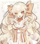  1girl :o blonde_hair bow collar floral_background heterochromia highres long_hair long_sleeves mogmogyasai orange_bow original puffy_sleeves red_eyes sidelocks twintails v very_long_hair white_background yellow_eyes 