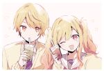  1girl ;d bangs blonde_hair blush brother_and_sister bubble_tea cardigan closed_mouth collared_shirt crown cup diagonal-striped_necktie disposable_cup drinking_straw holding holding_cup kamiyama_high_school_uniform_(sekai) long_hair long_sleeves miyamasuzaka_girls&#039;_academy_uniform neckerchief one_eye_closed open_mouth project_sekai red_neckerchief sailor_collar shirt siblings skunlv smile star_(symbol) tenma_saki tenma_tsukasa twintails upper_body white_sailor_collar white_shirt yellow_cardigan yellow_eyes 