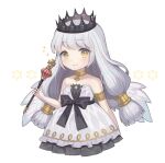 1girl armlet black_bow bow choker closed_mouth cross crown dress eyelashes gold_choker grey_background holding holding_scepter long_hair lunaticmed mini_wings off-shoulder_dress off_shoulder original scepter simple_background smile solo star_(symbol) white_dress wings yellow_eyes 