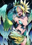  1girl absurdres bare_shoulders blonde_hair blue_feathers blue_hair breasts eyes_visible_through_hair feathered_wings feathers green_feathers harpy highres lightning monster_girl monster_girl_encyclopedia multicolored_hair open_mouth orange_eyes pointy_ears saliva small_breasts solo sweat talons thunderbird_(monster_girl_encyclopedia) tongue tongue_out two-tone_hair tyomoti winged_arms wings yellow_feathers 