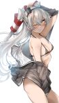  1girl amatsukaze_(kancolle) bikini breasts brown_dress brown_eyes cleavage commentary_request dress grey_bikini grey_jacket hair_tubes hat highres jacket kantai_collection long_hair medium_breasts mini_hat one_eye_closed open_clothes open_dress revision sailor_collar short_dress simple_background smokestack_hair_ornament solo swimsuit tororo_ten two_side_up white_background white_hair white_sailor_collar 