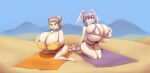  absurd_res areola big_breasts bikini breasts cleavage clothed clothing duo elfdrago female head_wings hi_res huge_breasts humanoid hyper hyper_breasts kneeling on_towel sand side-tie_bikini swimwear towel winged_humanoid wings 