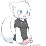  anthro blue_eyes blush blush_lines blush_stickers changed_(video_game) chano fur genitals happy lin_(changed) looking_at_another looking_at_partner male open_mouth pantsless penis pink_penis raised_tail smile solo white_body white_fur white_tail 