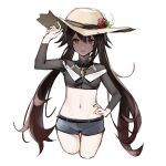  1girl alternate_costume bangs black_hair black_shorts breasts brown_hair crop_top cropped_legs ebibi_chiriri flower flower-shaped_pupils genshin_impact gradient_hair hair_between_eyes hand_on_hip hat hat_flower highres hu_tao_(genshin_impact) long_hair long_sleeves looking_at_viewer multicolored_hair parted_lips red_eyes red_flower short_shorts shorts simple_background sketch small_breasts solo sun_hat sweat symbol-shaped_pupils twintails very_long_hair white_background 