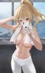  1girl absurdres arm_behind_head arm_up blonde_hair breasts cellphone covered_mouth cowboy_shot genshin_impact highres indoors iphone jean_(genshin_impact) large_breasts long_hair looking_at_viewer navel pants phone ponytail selfie smartphone solo standing topless towel white_pants yoga_pants zeka_massi 