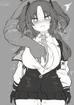  1girl ^^^ bangs blue_archive blush breast_grab breasts collared_shirt grabbing grabbing_from_behind greyscale id_card jacket kasagland large_breasts long_hair looking_at_viewer monochrome necktie open_clothes open_jacket open_mouth parted_bangs pleated_skirt shirt sidelocks signature skirt steam sweat two_side_up white_shirt yuuka_(blue_archive) 