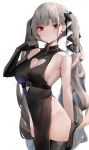  1girl absurdres alternate_costume azur_lane bangs bare_shoulders between_breasts black_dress blush breasts cleavage dress formidable_(azur_lane) frills grey_hair hair_ribbon highres jewelry large_breasts long_hair looking_at_viewer nephthys2356 red_eyes ribbon simple_background solo twintails two-tone_ribbon very_long_hair 