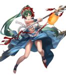  1girl bangs bare_shoulders breasts cuboon earrings fire_emblem fire_emblem:_the_blazing_blade fire_emblem_heroes full_body fur_trim green_eyes green_hair highres holding holding_weapon japanese_clothes jewelry lantern large_breasts lips long_hair looking_away lyn_(fire_emblem) mask mask_on_head medium_breasts non-web_source official_art open_mouth paper_lantern polearm ponytail rope sarashi shiny shiny_hair spear thighs toes transparent_background vambraces weapon 
