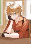  1boy bangs black_gloves blue_eyes chair closed_mouth crossed_bangs elbow_rest genshin_impact gloves hair_between_eyes head_rest indoors jewelry looking_at_viewer male_focus orange_hair red_shirt shirt sitting solo table tartaglia_(genshin_impact) togatamaki upper_body window 