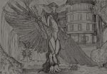  ambiguous_gender anthro black_and_white building classical deity demon diorionarh feathered_wings feathers fur grass leaf line_art looking_at_viewer male monochrome muscular muscular_male mythology nature plant renaissance sketch solo surreal tail_motion tailwag tree unknown_species wings 