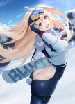  1girl :d ahoge arched_back ass azur_lane back blonde_hair blue_sky bluecher_(azur_lane) bluecher_(high-altitude_head_over_heels)_(azur_lane) blurry blurry_background bodysuit butt_crack clothing_cutout cloud cropped_jacket day fang floating_hair from_side fur-trimmed_jacket fur_trim gloves highres holding jacket kojo_(0124) lens_flare long_hair looking_at_viewer looking_to_the_side open_mouth orange_eyes outdoors rabbit_tail sky smile snow snowboard solo tail thigh_strap tight two_side_up very_long_hair white_jacket 
