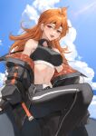  1girl :d absurdres antenna_hair black_jacket black_sports_bra blue_sky breasts cloud earrings fang feet_out_of_frame headband highres jacket jewelry lina_inverse long_hair looking_at_viewer medium_breasts molyb navel orange_eyes orange_hair pants sky slayers smile solo sports_bra track_pants 