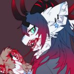  anthro blood blood_string blue_hair bodily_fluids claws depravedstar dragon ear_piercing ear_ring fangs food fur gore green_eyes hair horn inner_ear_fluff meat neck_tuft pawpads piercing prey pupils ribcage ring_piercing simple_background slit_pupils solo tuft white_body white_fur 