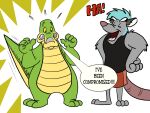  2021 3_toes 4_fingers alligator alligatorid anthro bottomwear brok_(character) brok_the_investigator clothing crocodilian dart_(brok_the_investigator) dialogue duo english_text eyes_closed feet fingers green_body grey_body hi_res humanoid_hands male mammal murid murine rat reptile rodent scalie shirt shorts sobieniak surprise text toes topwear video_games 