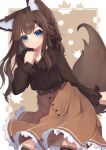  1girl absurdres animal_ear_fluff animal_ears bangs braid brown_background brown_hair brown_skirt brown_thighhighs closed_mouth fox_ears fox_girl fox_tail frilled_skirt frills hand_up highres hinata_(user_rjkt4745) lace-trimmed_legwear lace_trim leaf leaf_background long_hair long_sleeves original skirt sleeves_past_wrists smile solo tail thighhighs two-tone_background white_background 