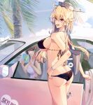  2girls artist_name bikini black_bikini blonde_hair blue_eyes breasts brown_hair butt_crack car car_interior cross-laced_clothes cross-laced_swimsuit dated food ground_vehicle headgear highres himeyamato iowa_(kancolle) kantai_collection large_breasts long_hair motor_vehicle multiple_girls outdoors popsicle red_eyes sideboob star-shaped_pupils star_(symbol) swimsuit symbol-shaped_pupils yamato_(kancolle) 