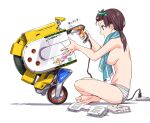  1girl bare_arms bare_back bare_legs bare_shoulders barefoot black_eyes breasts brown_hair crossed_legs drill green_eyes hairband holding nirasawa_hiyoko nude original repairing robot sitting solo suzutsuki_kurara towel towel_around_neck twintails underwear 