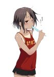  1girl alternate_costume bangs bare_shoulders basketball_uniform black_shorts brown_hair collarbone commentary_request cowboy_shot food food_in_mouth grey_background hand_up highres holding holding_food izawa_(bhive003) kono_subarashii_sekai_ni_shukufuku_wo! looking_at_viewer megumin popsicle red_eyes shiny shiny_hair short_hair shorts simple_background solo sportswear tan translation_request 