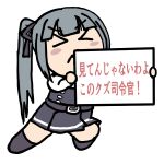  &gt;_&lt; 1girl black_ribbon blush_stickers can&#039;t_show_this chibi commentary_request dress fuji_(pixiv24804665) grey_hair hayate_no_gotoku! kantai_collection kasumi_(kancolle) kasumi_kai_ni_(kancolle) long_hair long_sleeves pinafore_dress ribbon side_ponytail sign solo standing translation_request transparent_background 