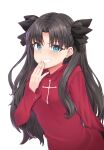  1girl bangs black_hair black_ribbon blue_eyes breasts cross_print fate/stay_night fate_(series) hair_ribbon highres incloud long_hair long_sleeves parted_bangs red_sweater ribbon small_breasts smirk solo sweater tohsaka_rin two_side_up upper_body 