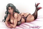  1girl artist_name ass bare_arms bare_shoulders black_bra black_panties black_thighhighs blush bra breasts cleavage collarbone commentary dark-skinned_female dark_skin feet_up forehead garter_straps green_eyes grin high_heels highres large_breasts lingerie long_hair looking_at_viewer lying mature_female mirabell_bell nofuture on_stomach panties red_lips shiny shiny_skin smile solo taimanin_(series) taimanin_rpgx tan thick_eyebrows thighhighs thighs underwear yellow_eyes 