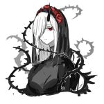  1girl breasts cleavage hair_over_one_eye highres horns long_hair looking_at_viewer one_eye_covered original parted_lips plant red_eyes ruteko_(ruko220) simple_background single_horn solo thorns upper_body veil vines white_background 