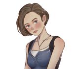  1girl artist_request blue_eyes blue_tank_top blush breasts brown_hair jill_valentine looking_at_viewer non-web_source resident_evil resident_evil_3 short_hair simple_background small_breasts solo source_request tank_top upper_body white_background 