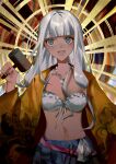  1girl bangs bikini blunt_bangs breasts chu_dong collarbone danganronpa_(series) danganronpa_v3:_killing_harmony green_eyes green_skirt grey_bikini grey_hair hammer hand_up highres holding holding_hammer jacket jewelry long_hair long_sleeves medium_breasts multicolored_background navel navel_piercing necklace open_clothes open_jacket orange_jacket piercing pleated_skirt shell_necklace shiny shiny_hair skirt solo stomach swimsuit yonaga_angie 