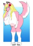  anthro bent_over big_breasts blonde_hair blue_eyes breasts canid canine canis chowcapitic dragon ear_piercing female flower fur hair hi_res horn huge_breasts hybrid mammal nipple_piercing nipples nude piercing pink_body pink_fur plant roketchu solo wolf 