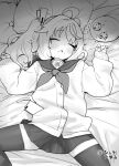  1girl ahoge bangs bed_sheet blue_archive blush cardigan closed_eyes commentary_request cookie food food_on_face greyscale hishigata long_hair long_sleeves lying monochrome natsu_(blue_archive) neckerchief on_back on_bed parted_lips pillow plate pleated_skirt ponytail sailor_collar saliva school_uniform side_ponytail skirt sleeping solo sound_effects thighhighs 