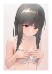  1girl bangs black_hair blunt_bangs blush border bra breasts brown_eyes collarbone commentary_request covering covering_breasts hatsuyuki_(kancolle) highres hime_cut kantai_collection long_hair looking_at_viewer pout sakieko sidelocks simple_background small_breasts solo underwear upper_body white_border white_bra 