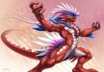  4_fingers abs abstract_background amber_eyes amon-sydonai anthro arm_spikes belly_scales biceps chest_spike claws elbow_feathers elbow_spikes feathers fingers generation_9_pokemon hair hi_res hind_legs horn humanoid jaws koraidon legendary_pokemon long_horn long_tail looking_up male markings multicolored_body multicolored_hair multicolored_skin muscular muscular_anthro muscular_legs muscular_male muscular_thighs nintendo patterns pecs pokemon pokemon_(species) pose pupils raised_arms red_body red_skin scales scalie serratus sharp_fangs slit_pupils solo spikes spikes_(anatomy) spiky_hair talons video_games 