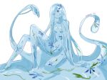  1girl absurdly_long_hair blue_eyes blue_hair blue_sclera blue_skin breasts closed_mouth colored_sclera colored_skin completely_nude highres long_hair looking_at_viewer medium_breasts monster_girl nude original ruteko_(ruko220) simple_background sitting slime_girl solo tentacle_hair very_long_hair white_background 