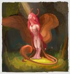  ambiguous_gender anthro classical deity demon detailed_background diorionarh feathered_wings feathers forest fur grass hair hi_res leaf light looking_at_another male muscular muscular_male mythology nature plant red_hair renaissance smile solo tail_motion tailwag tree unknown_species wings 