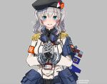  1girl adapted_costume blue_eyes breasts commentary_request dated earmuffs epaulettes frilled_sleeves frills gloves grey_background grey_hair id_card jacket kantai_collection kashima_(kancolle) large_breasts long_sleeves military military_jacket military_uniform neckerchief own_hands_clasped own_hands_together red_neckerchief shikishima_fugen sidelocks simple_background solo tactical_clothes twintails uniform upper_body wavy_hair white_gloves white_jacket 
