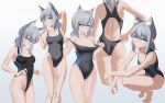  1girl animal_ear_fluff animal_ears ass bangs black_one-piece_swimsuit blue_archive blue_eyes breasts clothes_pull competition_swimsuit covered_navel cowboy_shot cross_hair_ornament extra_ears from_behind full_body grey_hair hair_ornament halo highleg highleg_swimsuit highres kenkano looking_at_viewer low_ponytail medium_breasts medium_hair mismatched_pupils multicolored_clothes multicolored_swimsuit multiple_views one-piece_swimsuit shiroko_(blue_archive) shiroko_(swimsuit)_(blue_archive) simple_background squatting standing swimsuit swimsuit_pull white_background 