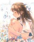  1girl air_bubble bangs blurry blurry_foreground brown_hair bubble closed_eyes collared_shirt flower hand_on_own_knee hand_on_own_leg highres hugging_own_legs knees_up long_hair orie_h original shirt short_sleeves signature sitting solo submerged underwater white_background white_shirt 