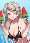  1girl ;d absurdres alternate_costume asava_(hutaitenn) bangs bikini black_bikini breasts cleavage conte_di_cavour_(kancolle) food grey_hair highres holding holding_food kantai_collection large_breasts long_hair looking_at_viewer navel one_eye_closed popsicle purple_eyes smile solo swept_bangs swimsuit two_side_up upper_body watermelon_bar 