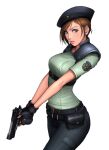  1girl artist_request bangs black_gloves black_pants blue_eyes breasts brown_hair finger_on_trigger from_side gloves green_shirt gun handgun highres holding holding_gun holding_weapon jill_valentine looking_at_viewer medium_breasts non-web_source pants resident_evil resident_evil_3 shirt short_hair short_sleeves simple_background solo source_request swept_bangs weapon white_background 