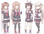  4girls akara_kai black_thighhighs blonde_hair braid brown_eyes brown_hair full_body hair_ornament kantai_collection long_hair multiple_girls necktie purple_eyes red_eyes red_tie school_uniform shoes simple_background single_braid sneakers thighhighs unmatched_color_shoes white_background 