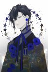  1boy bishounen black_hair blue_eyes blue_flower earrings flower flower_earrings highres idolish_7 izumi_iori jewelry looking_at_viewer male_focus ruidijintianyehaofei shirt short_hair solo 