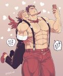  2boys abs amputee bara biceps blue_eyes blush boku_no_hero_academia bow bowtie brown_hair cellphone closed_eyes denim endeavor_(boku_no_hero_academia) facial_hair grabbing hairy hawks_(boku_no_hero_academia) heart hug jeans jumping large_pectorals looking_up male_focus manly mature_male multiple_boys muscular muscular_male nipples no_shirt pants pectoral_grab pectorals phone red_hair redjack_036 scarf shoes simple_background smile speech_bubble spiked_hair stubble sweat sweatdrop teeth thick_arms thick_eyebrows thick_thighs thighs tongue wings 